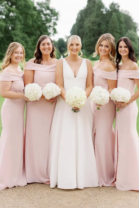 Simple Mermaid Off the Shoulder Light Pink Long Bridesmaid Dresses sold by KissProm