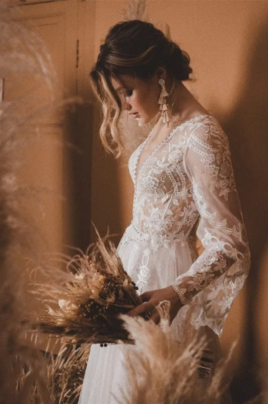 A-Line Lace Top Flare Sleeves Open Back Wedding Dress sold by KissProm