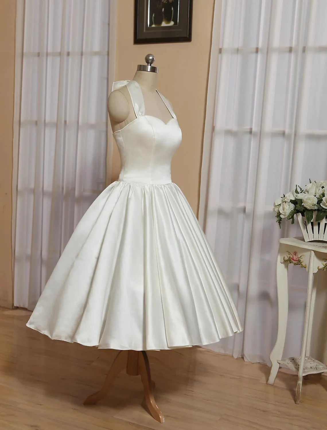 Alaricus | White A-Line Halter Sleeveless Tea Length Satin Bridal Gowns With Bow(s) Pleats sold by KissProm product image thumbnail 2