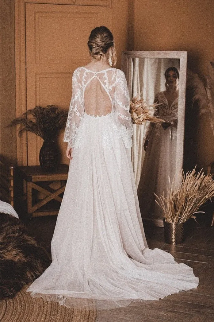 A-Line Lace Top Flare Sleeves Open Back Wedding Dress sold by KissProm product image thumbnail 2