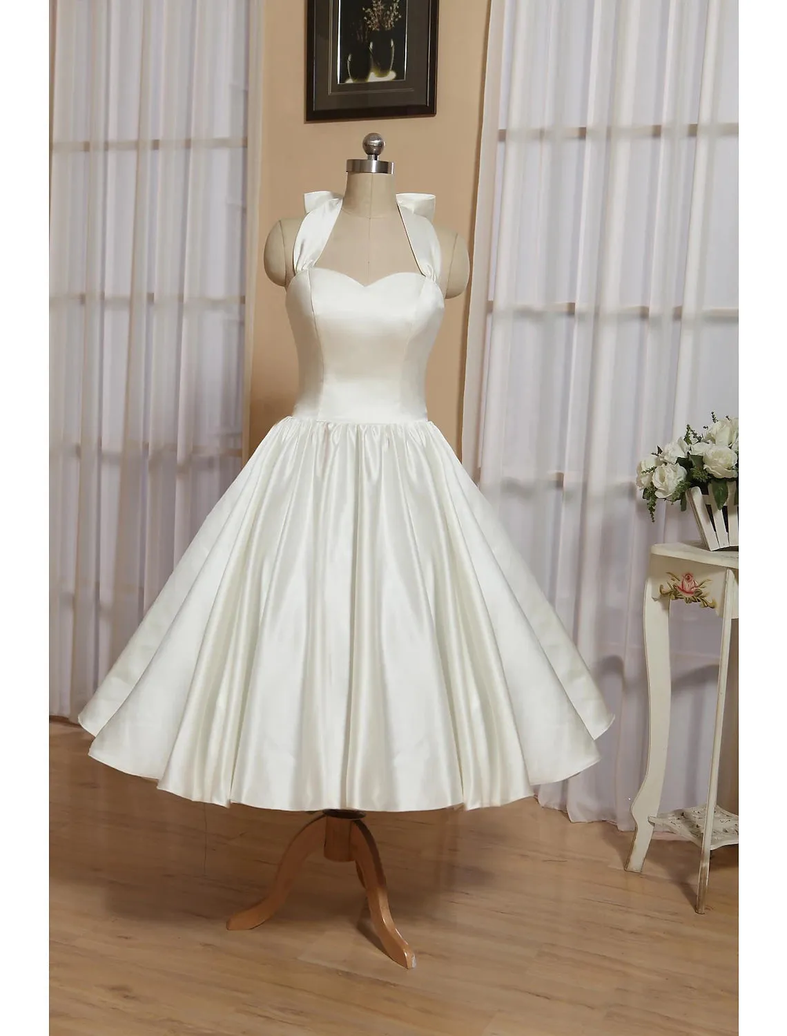 Alaricus | White A-Line Halter Sleeveless Tea Length Satin Bridal Gowns With Bow(s) Pleats sold by KissProm