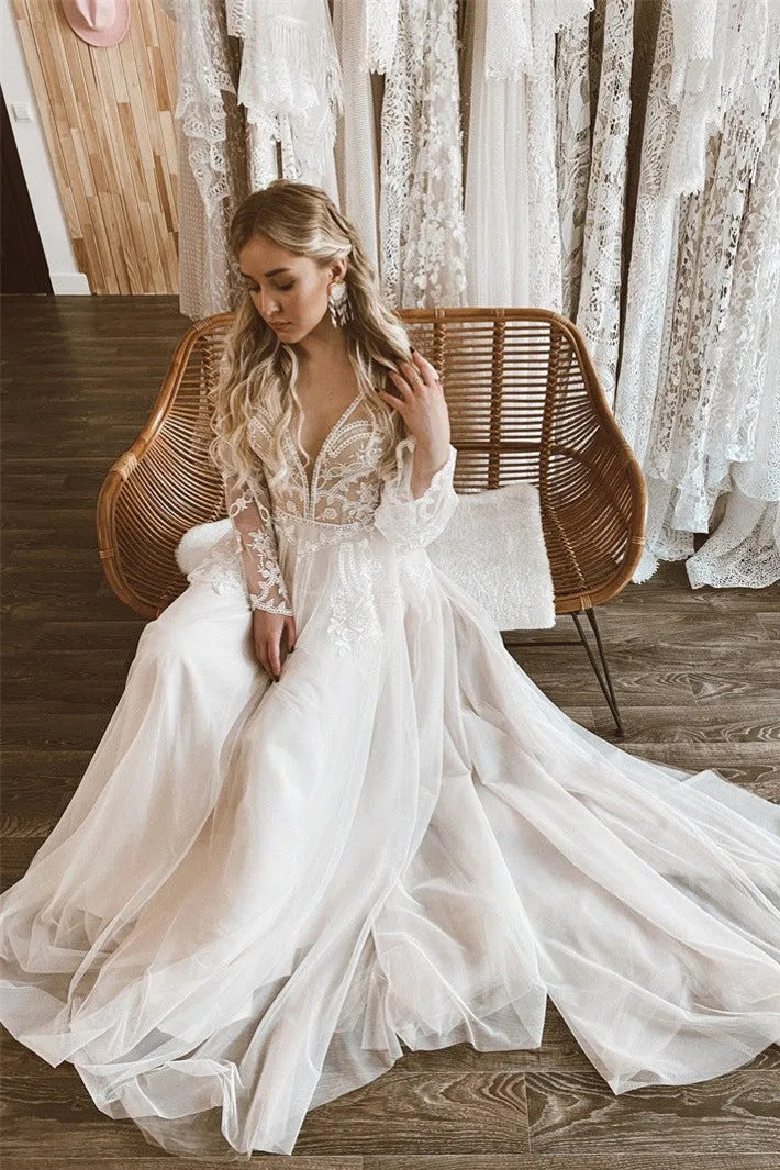 A-Line Lace Top Flare Sleeves Open Back Wedding Dress sold by KissProm product image thumbnail 3