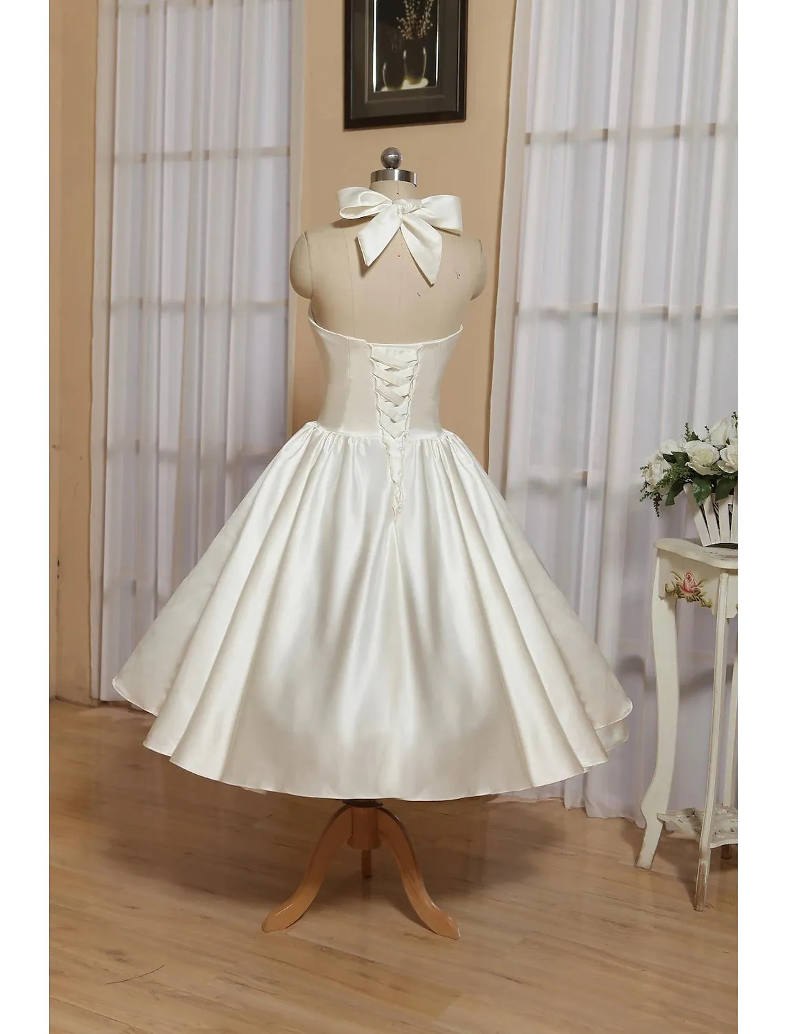Alaricus | White A-Line Halter Sleeveless Tea Length Satin Bridal Gowns With Bow(s) Pleats sold by KissProm product image thumbnail 3
