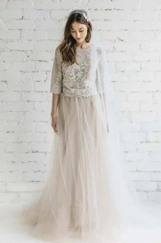 Bateau Lace Half Sleeve A-Line Tulle Dress With Low-V Back sold by KissProm