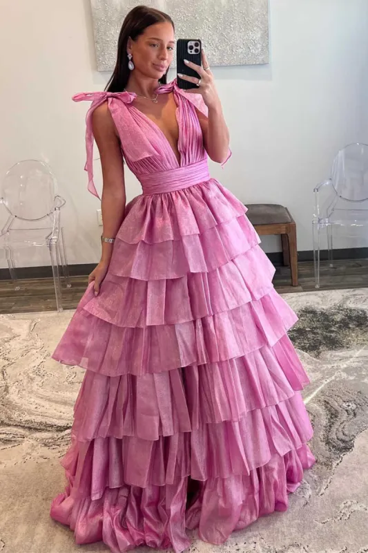 August | Glitter Tie Straps Pink Plunging Neck Tiered Long Prom Dress sold by KissProm