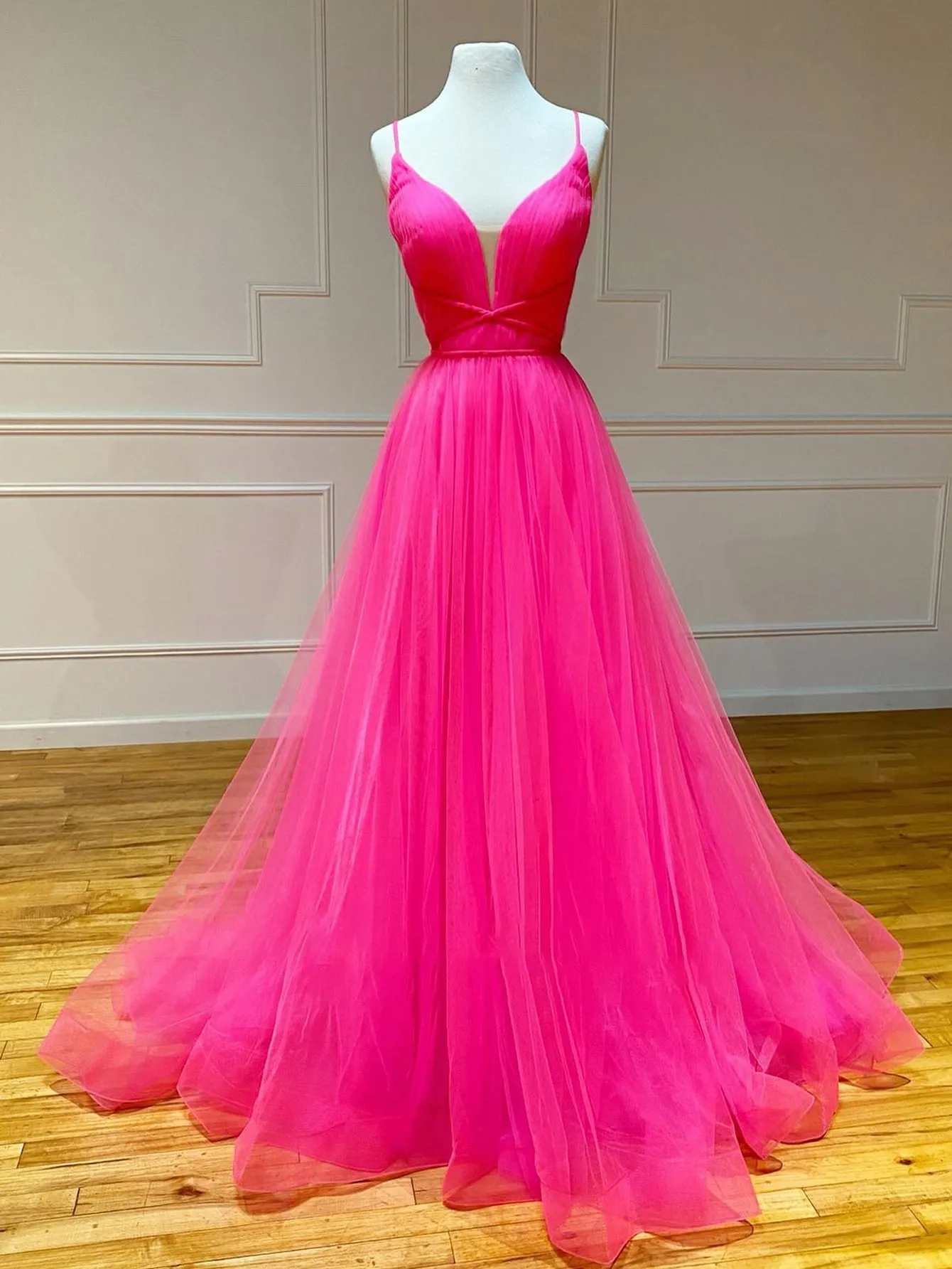 Pink Tulle A Line Ruffles Long Prom Dress sold by KissProm