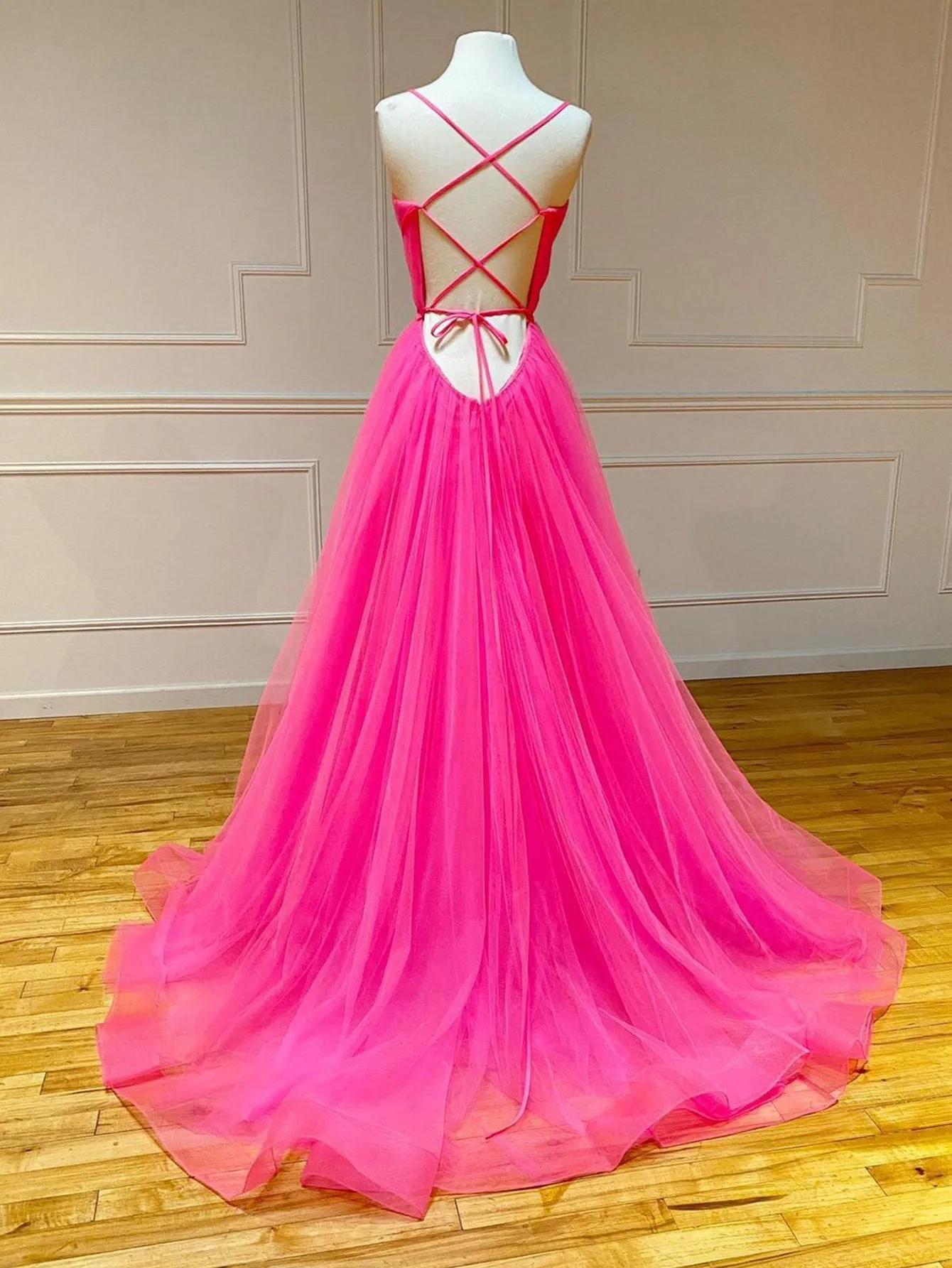 Pink Tulle A Line Ruffles Long Prom Dress sold by KissProm product image thumbnail 2
