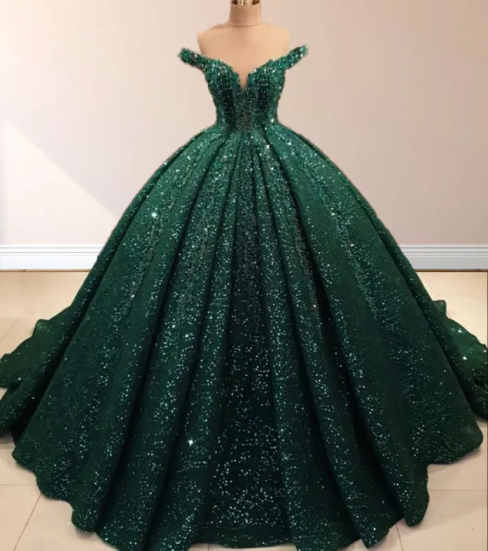 Dark Green Off the Shoulder Ball Gown Sequined Quinceanera Dress sold by KissProm