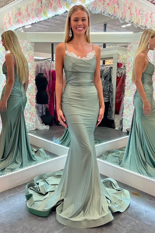 Jayleen | Mermaid Spaghetti Straps Green Long Prom Dress with Lace sold by KissProm