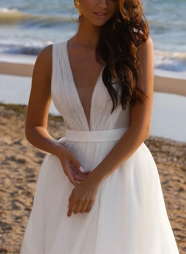 A-Line Deep V-neck Sleeveless Sweep Train Tulle Beach Wedding Dresses sold by KissProm product image thumbnail 3