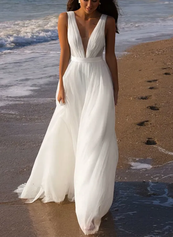 A-Line Deep V-neck Sleeveless Sweep Train Tulle Beach Wedding Dresses sold by KissProm