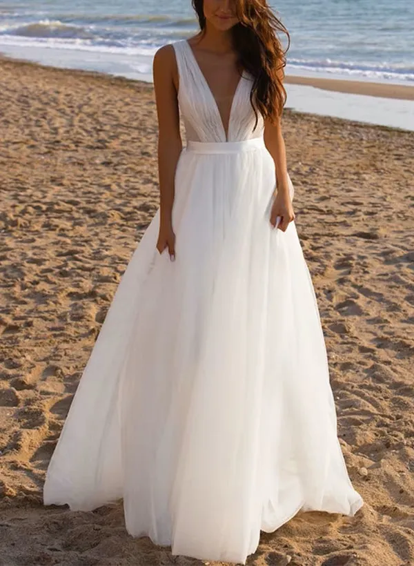 A-Line Deep V-neck Sleeveless Sweep Train Tulle Beach Wedding Dresses sold by KissProm product image thumbnail 2