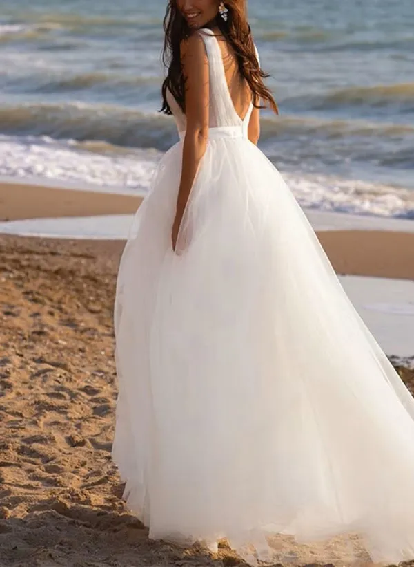 A-Line Deep V-neck Sleeveless Sweep Train Tulle Beach Wedding Dresses sold by KissProm product image thumbnail 4