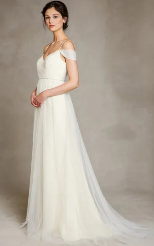 A-Line Spaghetti Straps Off-the-Shoulder Tulle Long Wedding Dress sold by KissProm
