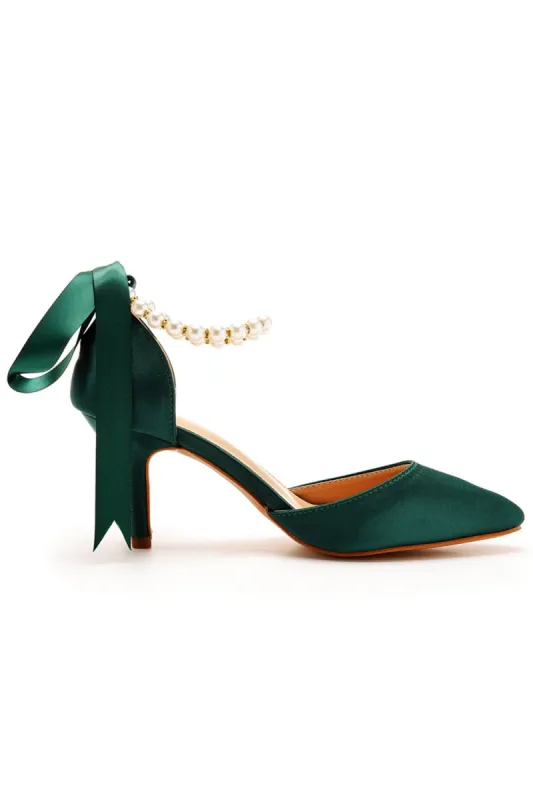 Satin Pearl Ribbon Tie Pointed Toe Ankle Strap High Heels sold by KissProm