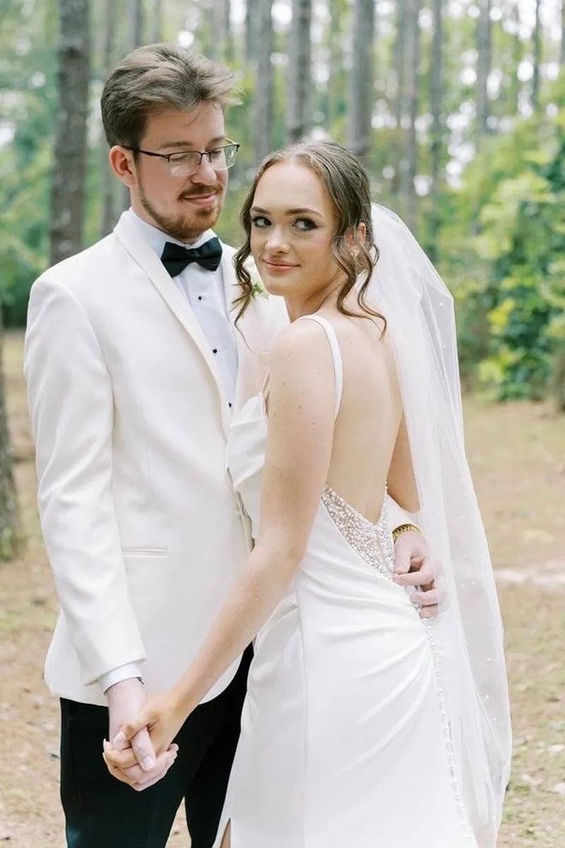 Charming Mermaid Cowl Neck Satin Wedding Dress with Slit sold by KissProm product image thumbnail 3