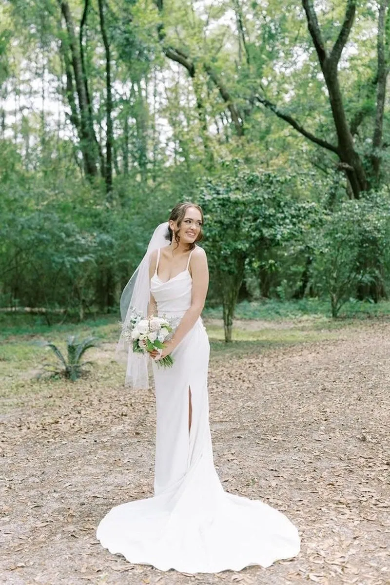 Charming Mermaid Cowl Neck Satin Wedding Dress with Slit sold by KissProm