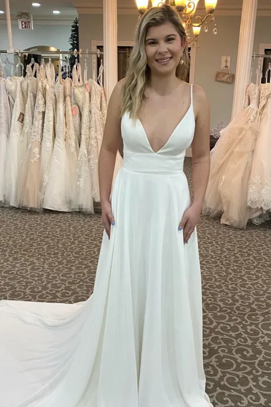 Adele | A-Line Spaghetti Straps White Long Wedding Dress with Beading sold by KissProm