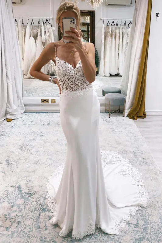 Stunning Mermaid V Neck White Satin Lace Wedding Dresses with Train sold by KissProm