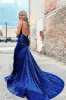 Straps Mermaid Prom dress with Slit in Royal Blue sold by KissProm