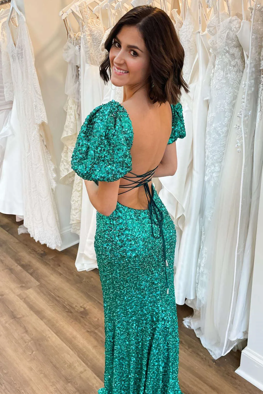 Velma | Square Neck Emerald Green Sequin Mermaid Prom Dress sold by KissProm product image thumbnail 2