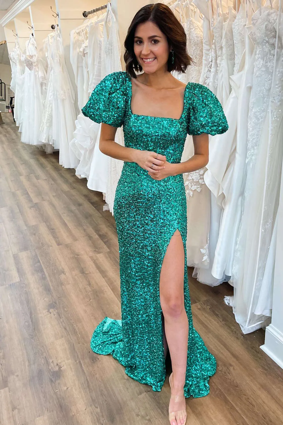 Velma | Square Neck Emerald Green Sequin Mermaid Prom Dress sold by KissProm