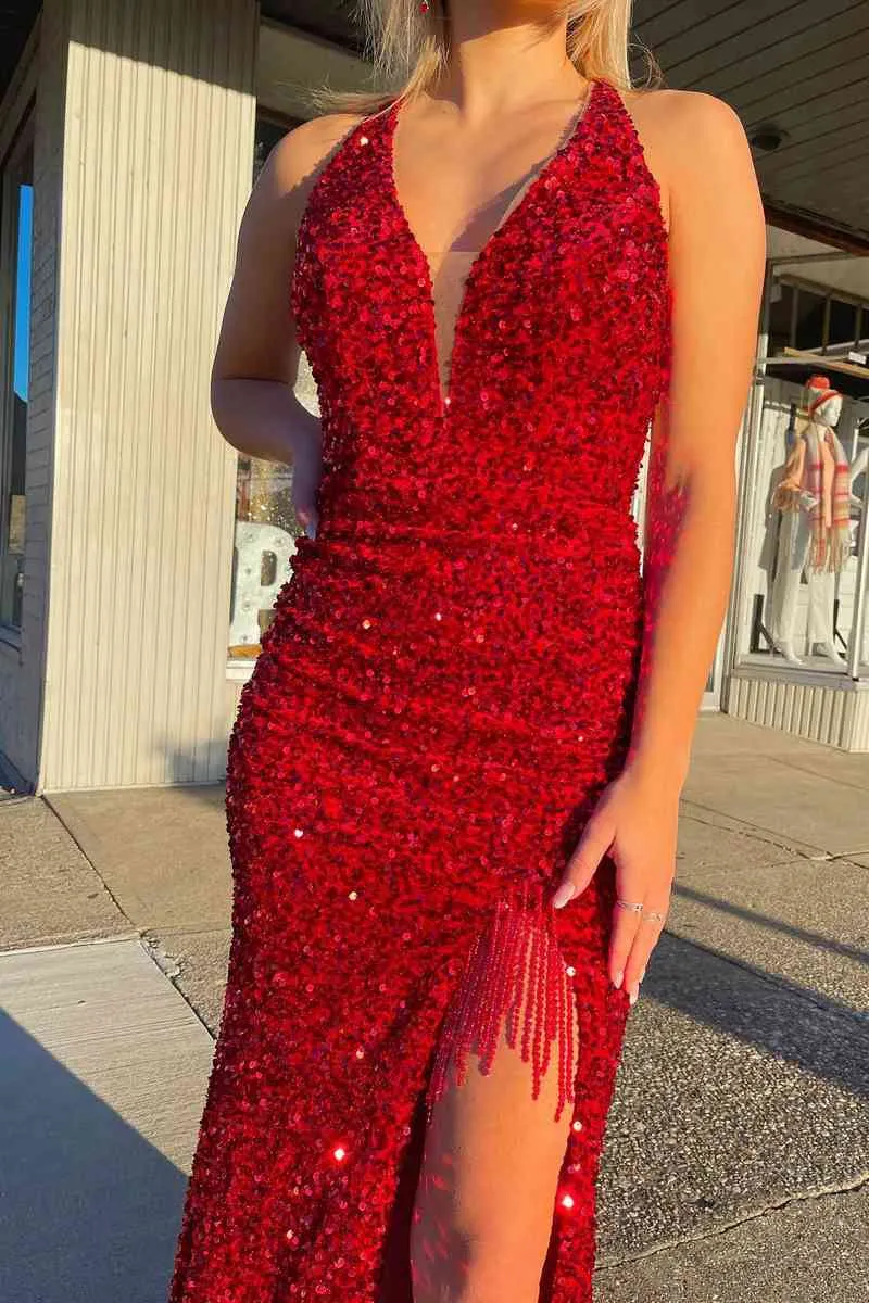 Red Halter Sequins Long Prom Dress with Tassel sold by KissProm product image thumbnail 2