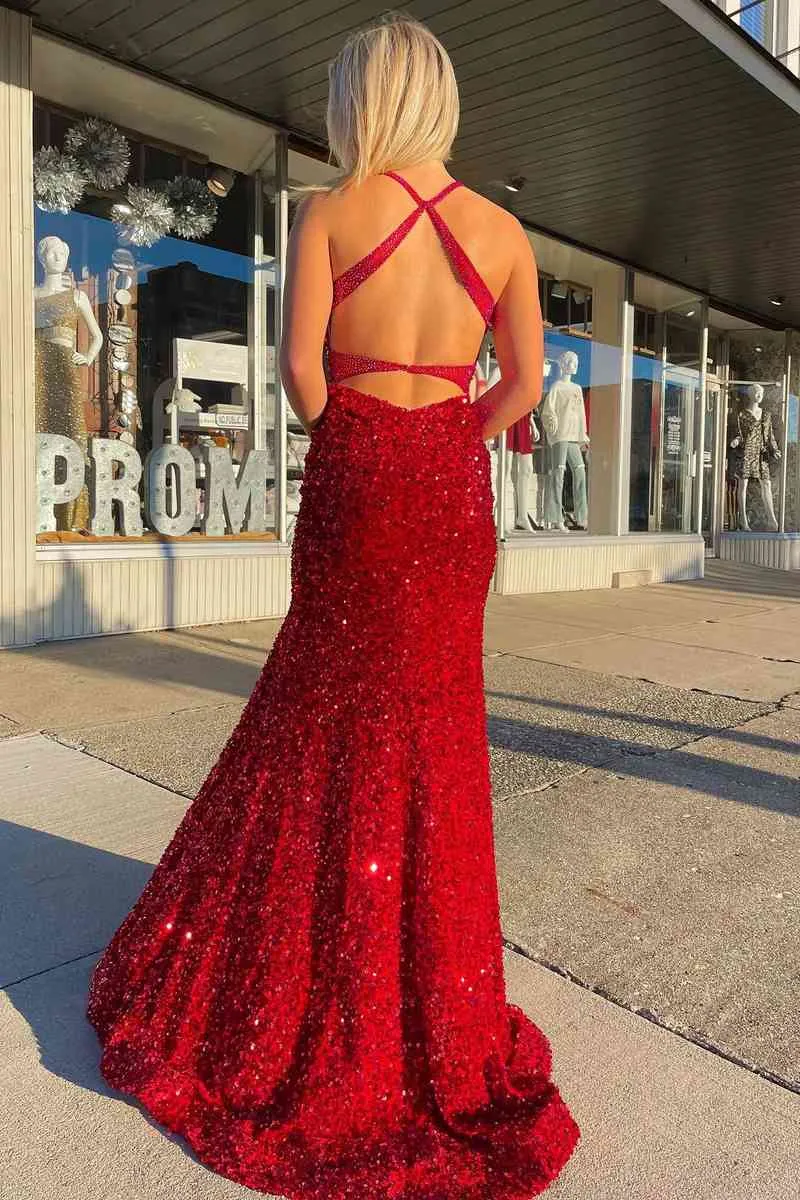 Red Halter Sequins Long Prom Dress with Tassel sold by KissProm product image thumbnail 3
