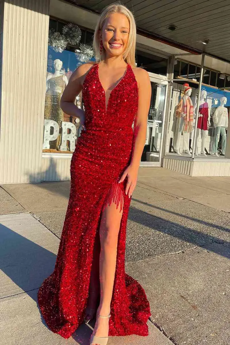Red Halter Sequins Long Prom Dress with Tassel sold by KissProm