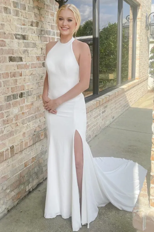 White Halter Mermaid Long Wedding Dress with Slit sold by KissProm