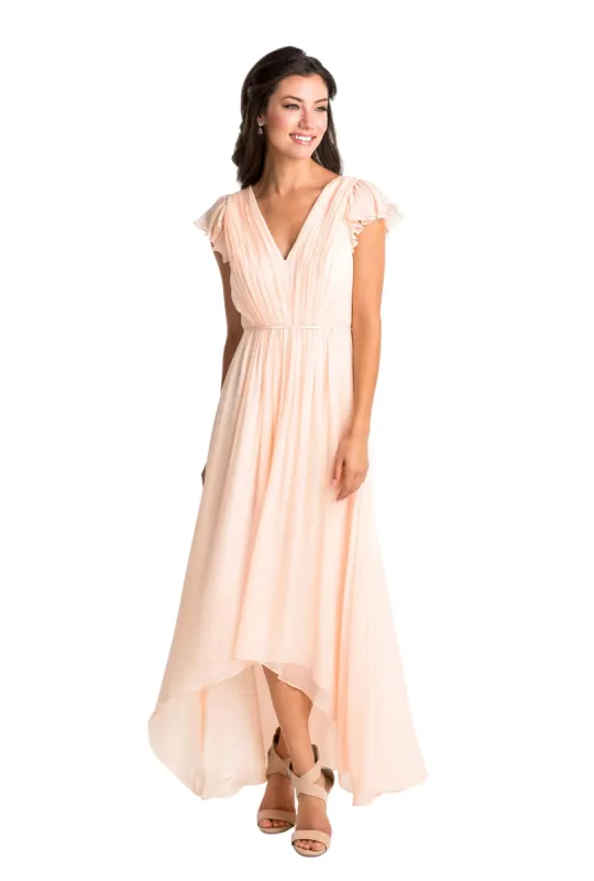 High-Low Cap Sleeve Ruched V-Neck Chiffon Convertible Bridesmaid Dress sold by KissProm