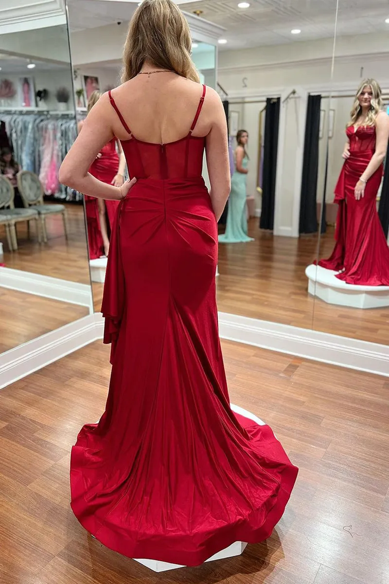 Dark Red Sweetheart Satin Mermaid Long Prom Dresses with Slit sold by KissProm product image thumbnail 2