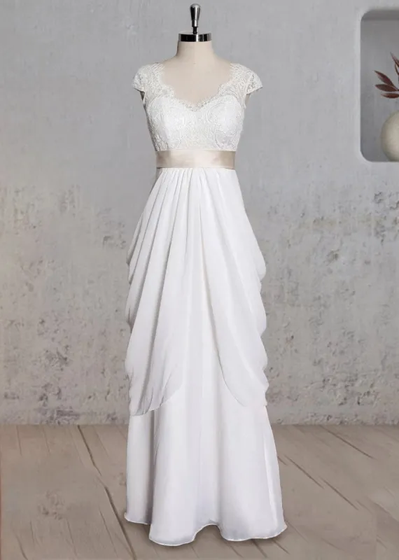 Special Design Lace Cap Sleeve Chiffon Skirt With Champagne Sash sold by KissProm