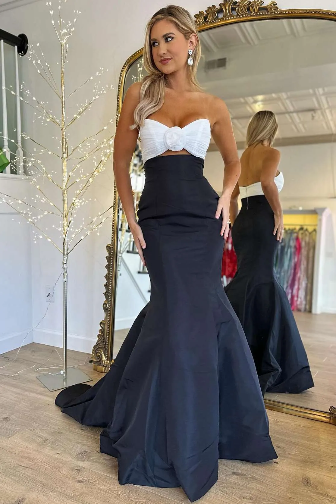 Julie | Strapless White and Black Ruched Mermaid Prom Dress sold by KissProm product image thumbnail 4
