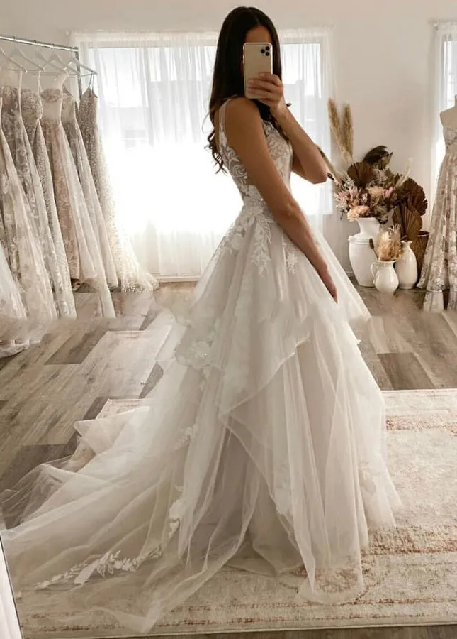 Charming A-line V-Neck Sleeveless Wedding Dress with Lace Appliques sold by KissProm product image thumbnail 3