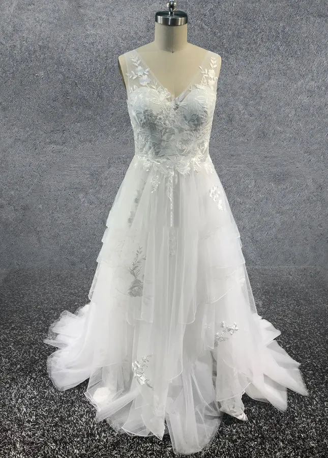 Charming A-line V-Neck Sleeveless Wedding Dress with Lace Appliques sold by KissProm product image thumbnail 2