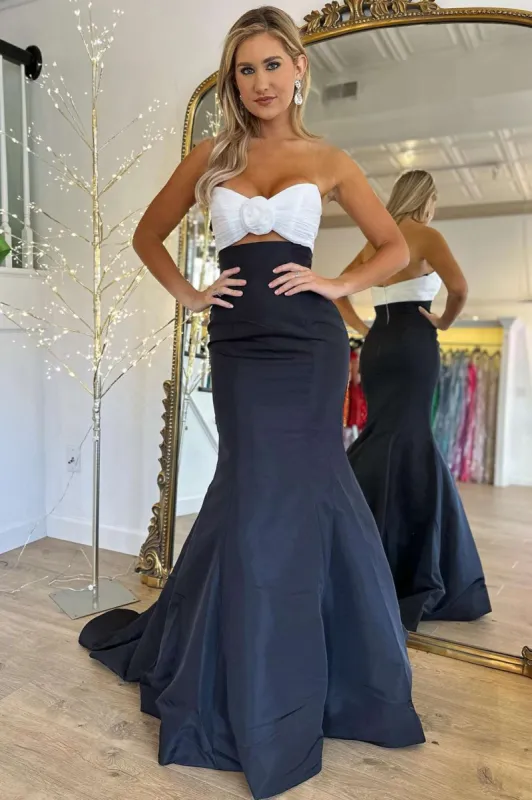 Julie | Strapless White and Black Ruched Mermaid Prom Dress sold by KissProm