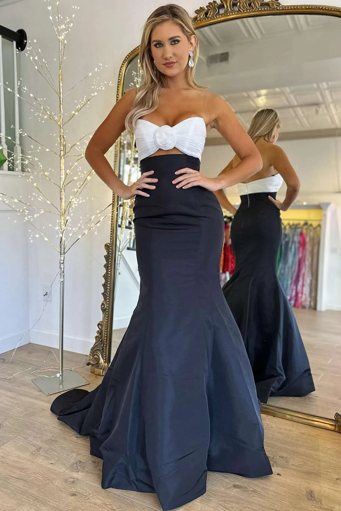 Julie | Strapless White and Black Ruched Mermaid Prom Dress sold by KissProm