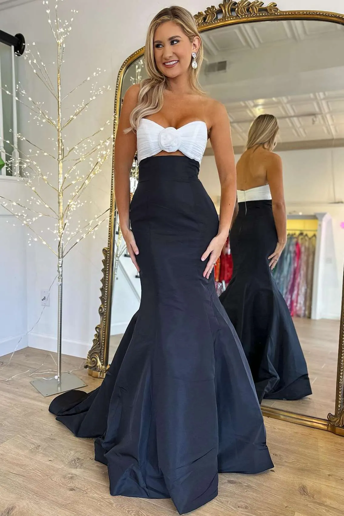 Julie | Strapless White and Black Ruched Mermaid Prom Dress sold by KissProm product image thumbnail 2