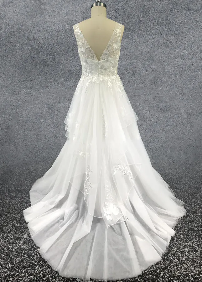 Charming A-line V-Neck Sleeveless Wedding Dress with Lace Appliques sold by KissProm product image thumbnail 4