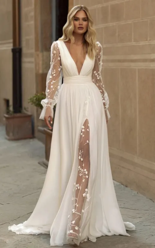 Long Sleeve Boho Flowy Wedding Dress Lace A-Line V-Neck Beach Gown with Split Front and Sweep Train sold by KissProm