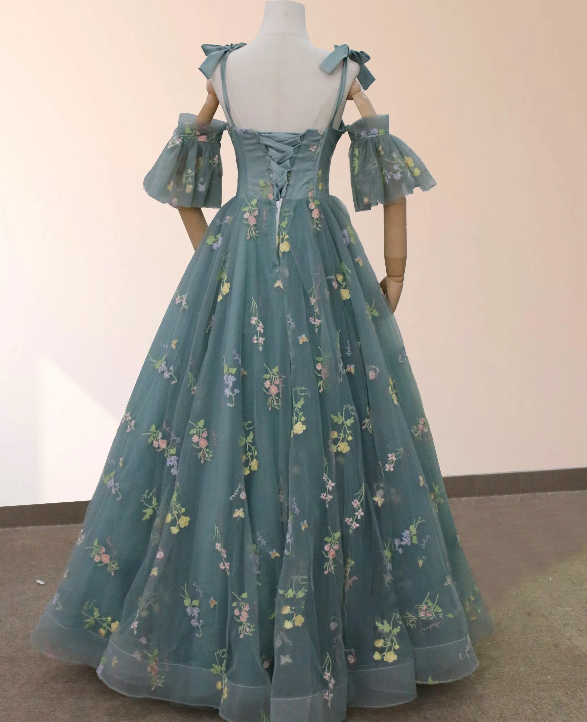 Boho A-Line Tulle Off-the-Shoulder Floor-Length 3D Yellow Embroidery Floral Quinceanera Dress with Petticoat sold by KissProm product image thumbnail 2