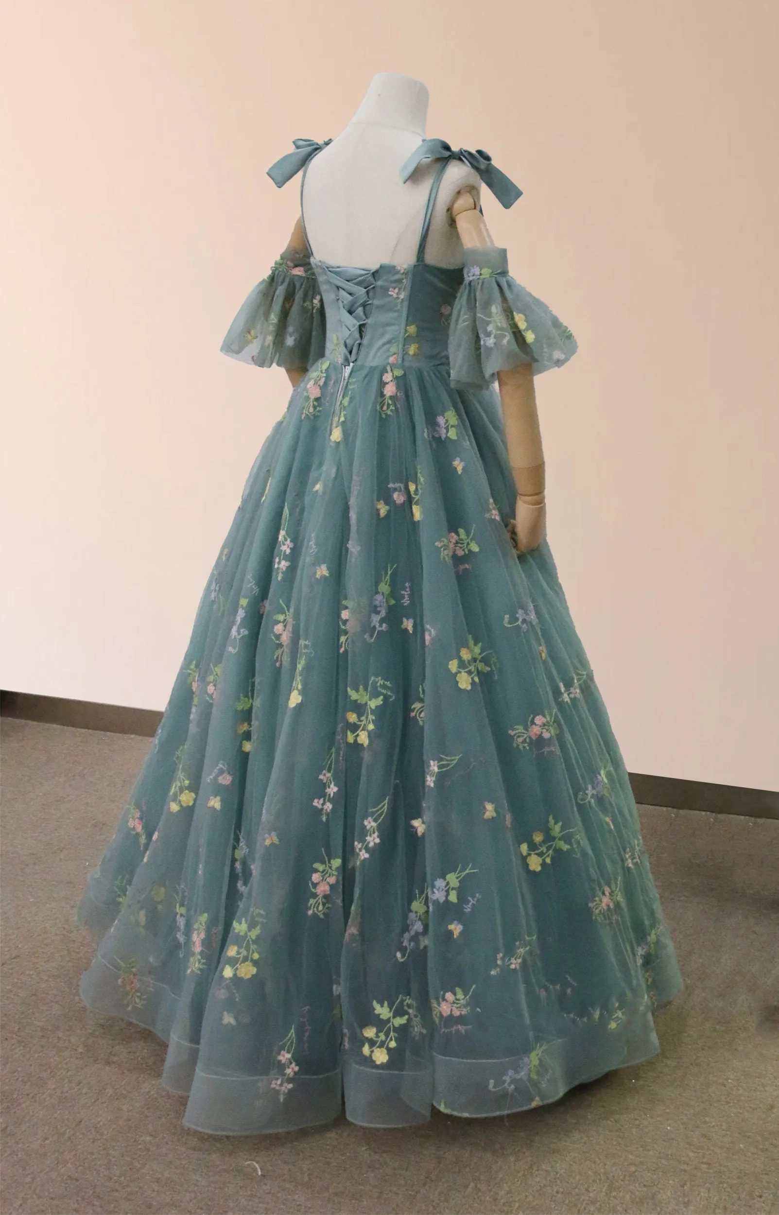 Boho A-Line Tulle Off-the-Shoulder Floor-Length 3D Yellow Embroidery Floral Quinceanera Dress with Petticoat sold by KissProm product image thumbnail 4