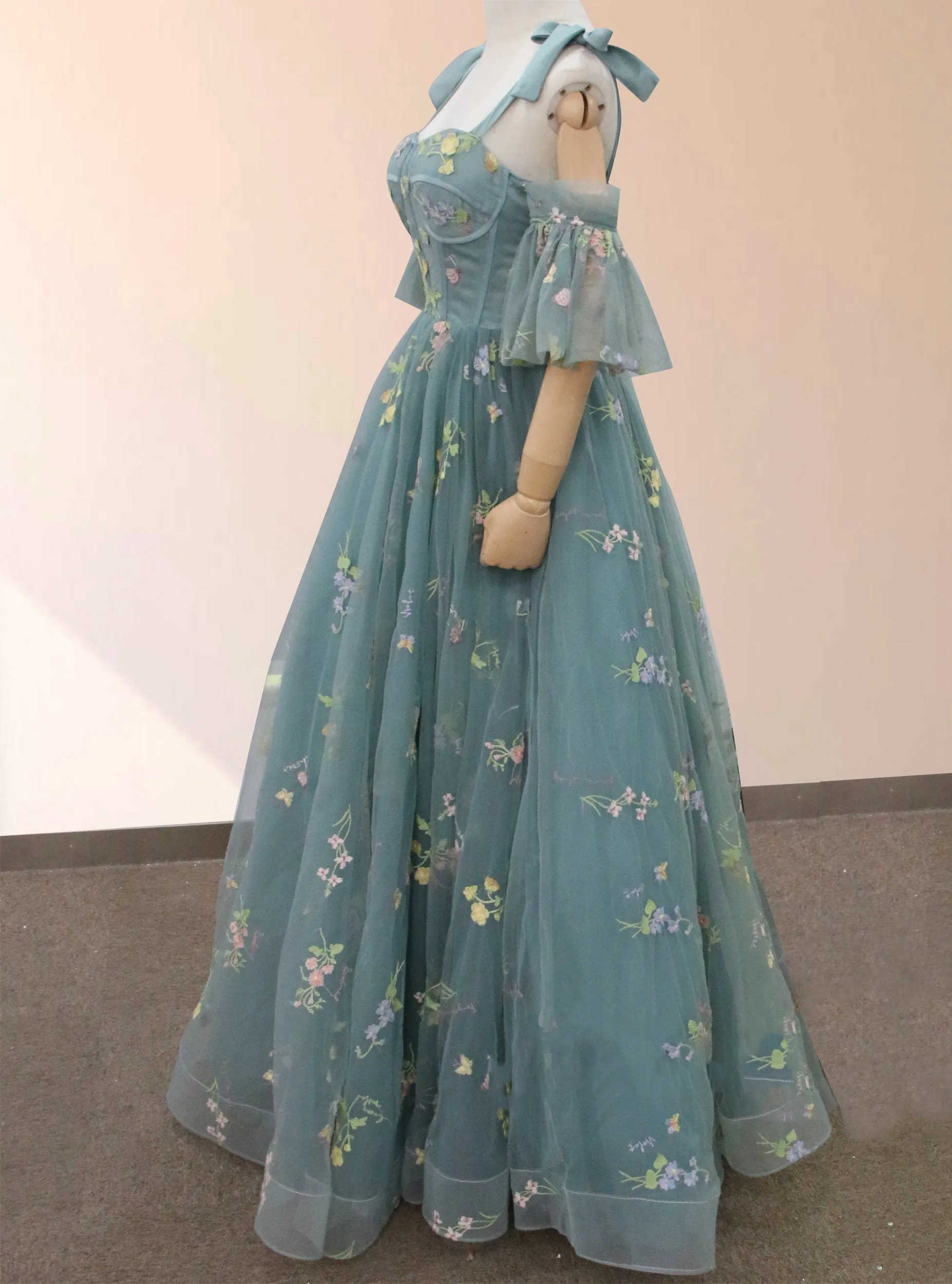 Boho A-Line Tulle Off-the-Shoulder Floor-Length 3D Yellow Embroidery Floral Quinceanera Dress with Petticoat sold by KissProm product image thumbnail 3