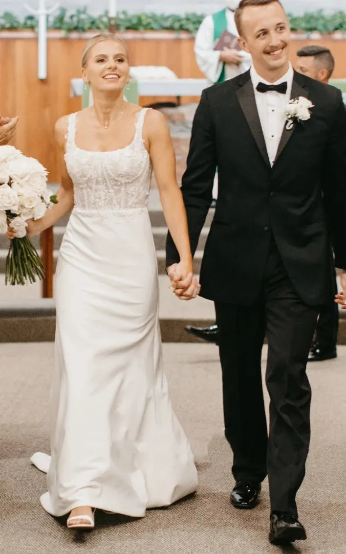 Simple White Sheath Modern Upper Body Applique Sweep Train Wedding Dresses sold by KissProm