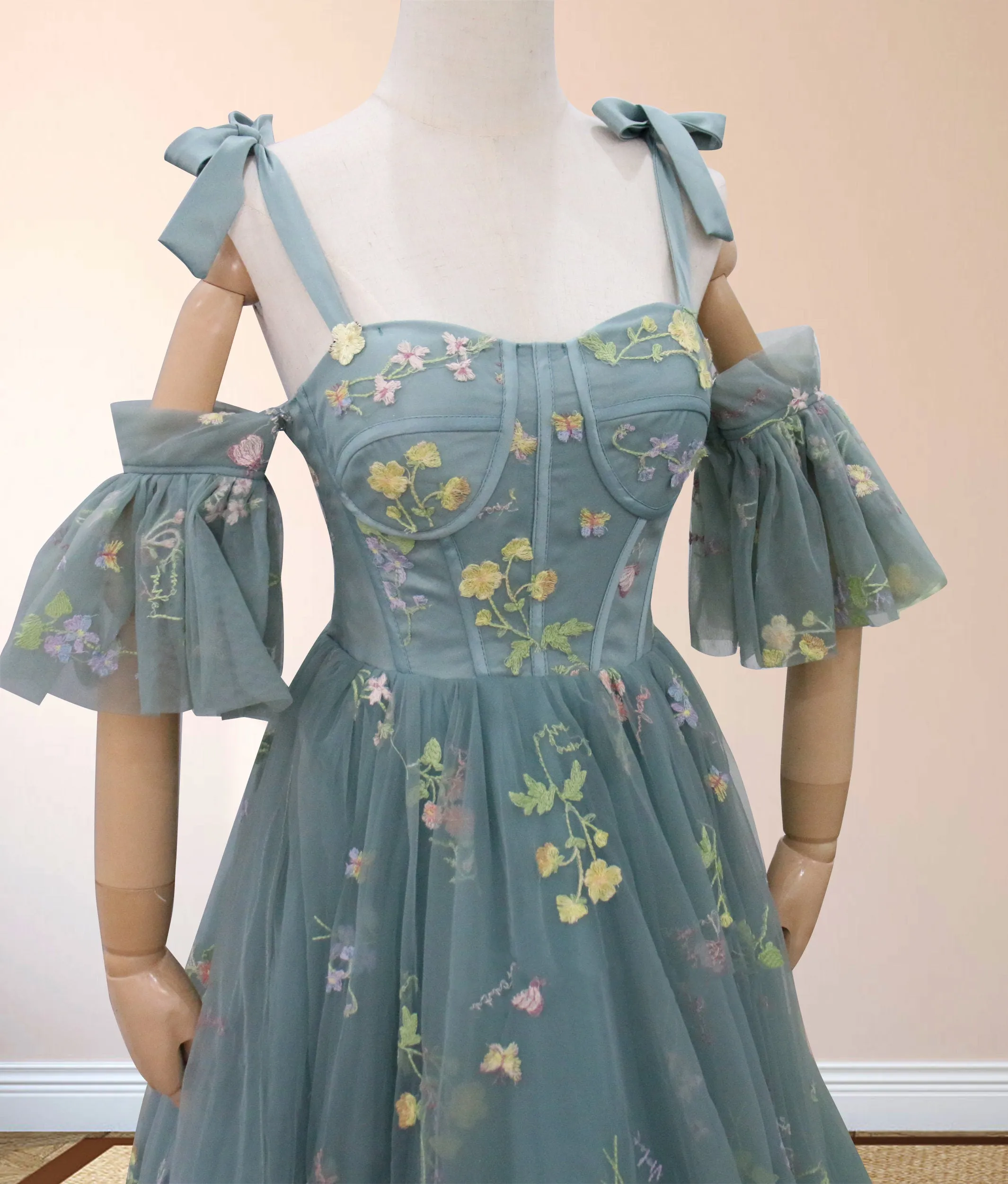 Boho A-Line Tulle Off-the-Shoulder Floor-Length 3D Yellow Embroidery Floral Quinceanera Dress with Petticoat sold by KissProm product image thumbnail 5