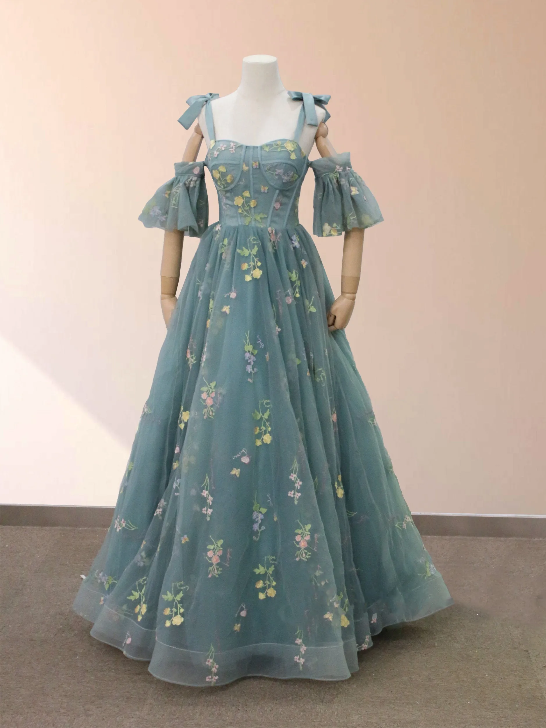 Boho A-Line Tulle Off-the-Shoulder Floor-Length 3D Yellow Embroidery Floral Quinceanera Dress with Petticoat sold by KissProm