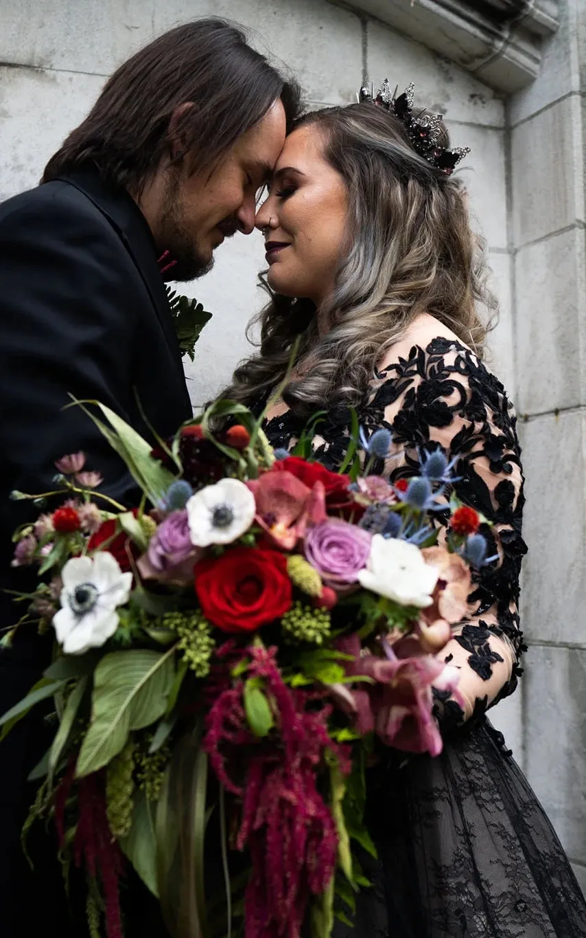 Modern Gothic Boho Lace Black Wedding Dress Vintage Unique A-Line Long Sleeve Bridal Gown with Court Train sold by KissProm product image thumbnail 4