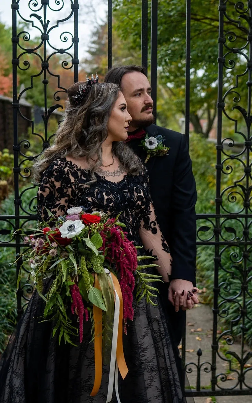 Modern Gothic Boho Lace Black Wedding Dress Vintage Unique A-Line Long Sleeve Bridal Gown with Court Train sold by KissProm product image thumbnail 3