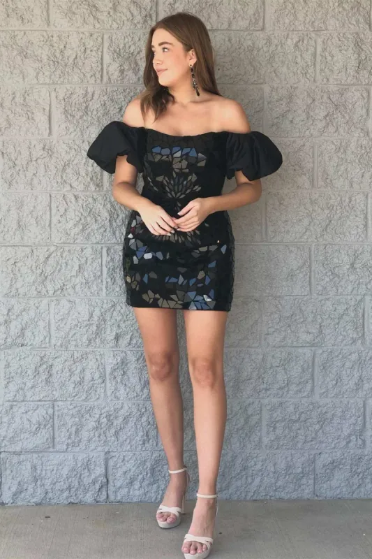 Cindy | Black Cut Glass Mirror Puff Sleeve Short Homecoming Dress sold by KissProm